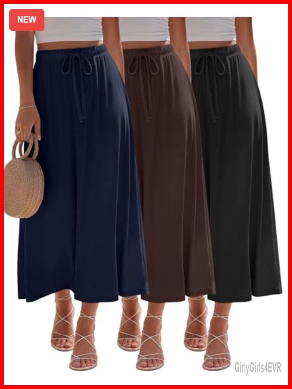 3 Pack Womens A-Line Maxi Long Skirts High Waist Drawstring Ankle Length